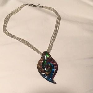 Stained glass necklace with 4 beaded strands with silver clasp